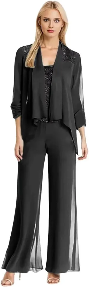 3Pcs Mother of The Bride Dresses Pantsuit for Wedding Long Sleeve Chiffon Formal Outfit with Sequins