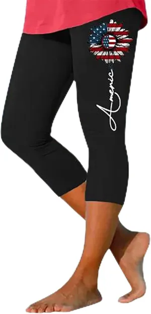 4th of July Capri Leggings for Women Summer High Waist Capris Pant Tummy Control Knee Length Slim Fit Yoga Cropped Trouser