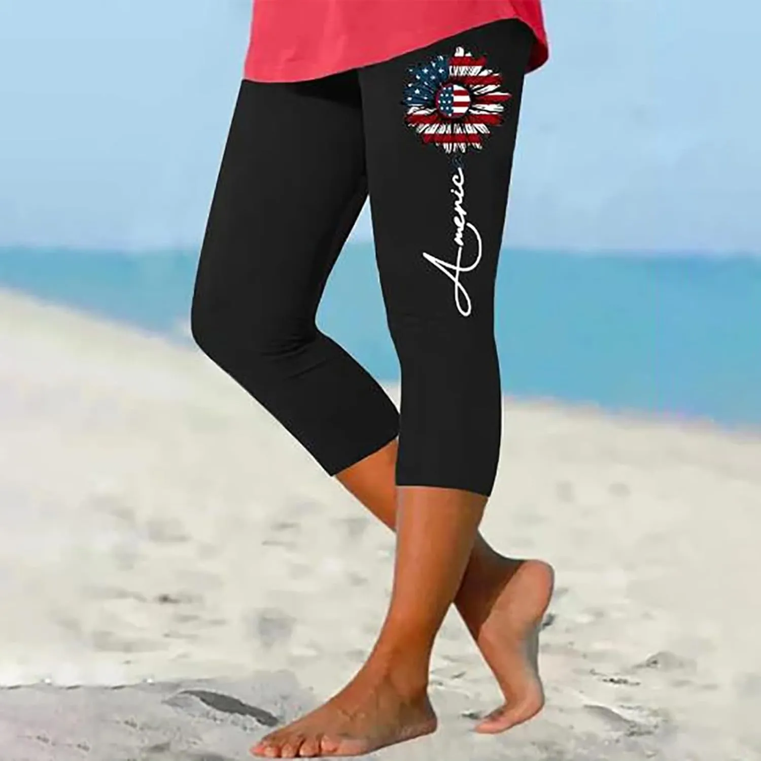 4th of July Capri Leggings for Women Summer High Waist Capris Pant Tummy Control Knee Length Slim Fit Yoga Cropped Trouser