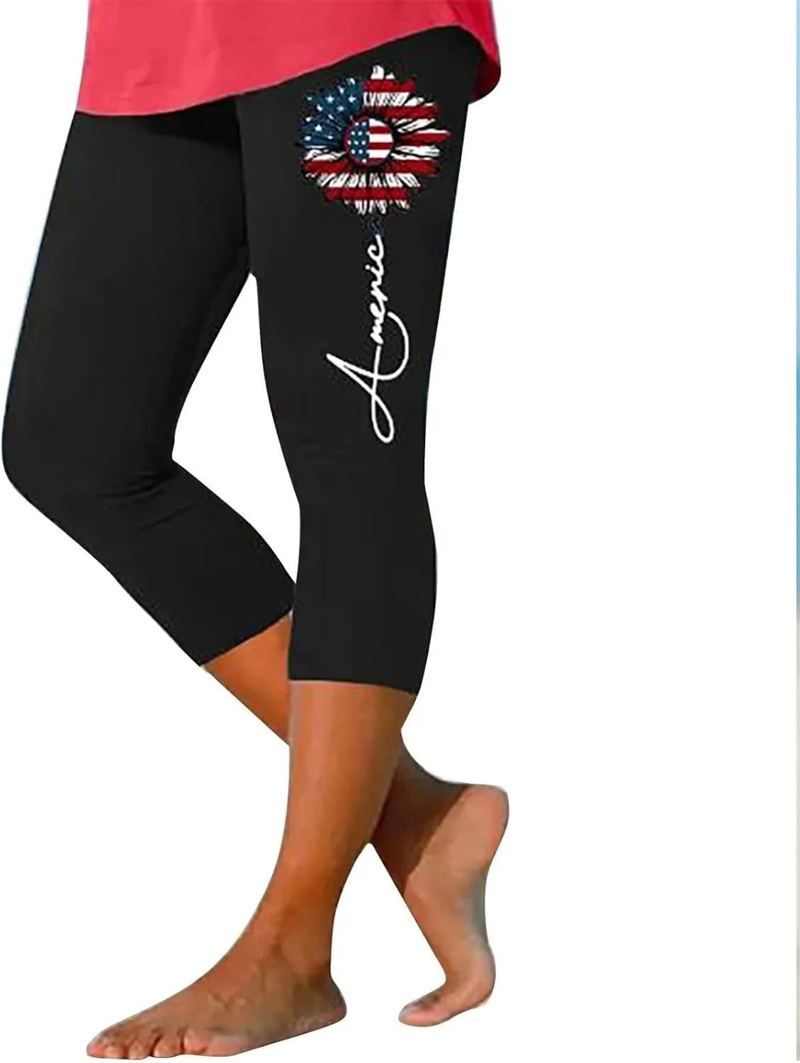 4th of July Capri Leggings for Women Summer High Waist Capris Pant Tummy Control Knee Length Slim Fit Yoga Cropped Trouser