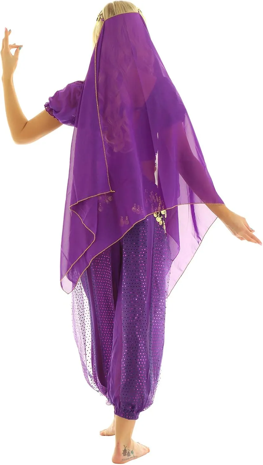 ACSUSS Womens Belly Dance Outfits Sequins Top with Harem Pants Set Hip Scarf Dance Costume