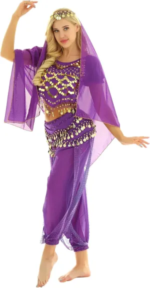 ACSUSS Womens Belly Dance Outfits Sequins Top with Harem Pants Set Hip Scarf Dance Costume