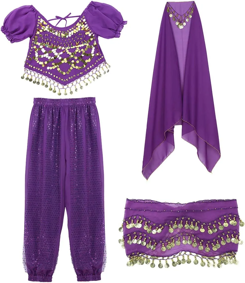 ACSUSS Womens Belly Dance Outfits Sequins Top with Harem Pants Set Hip Scarf Dance Costume