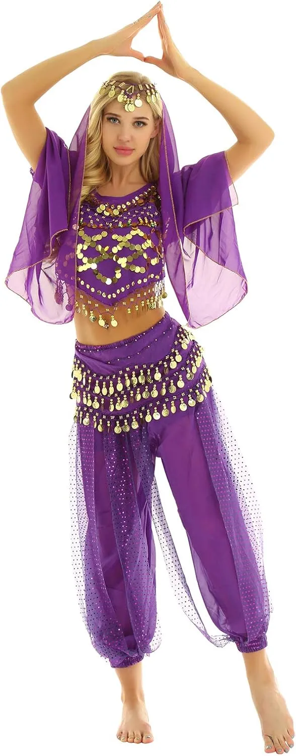 ACSUSS Womens Belly Dance Outfits Sequins Top with Harem Pants Set Hip Scarf Dance Costume