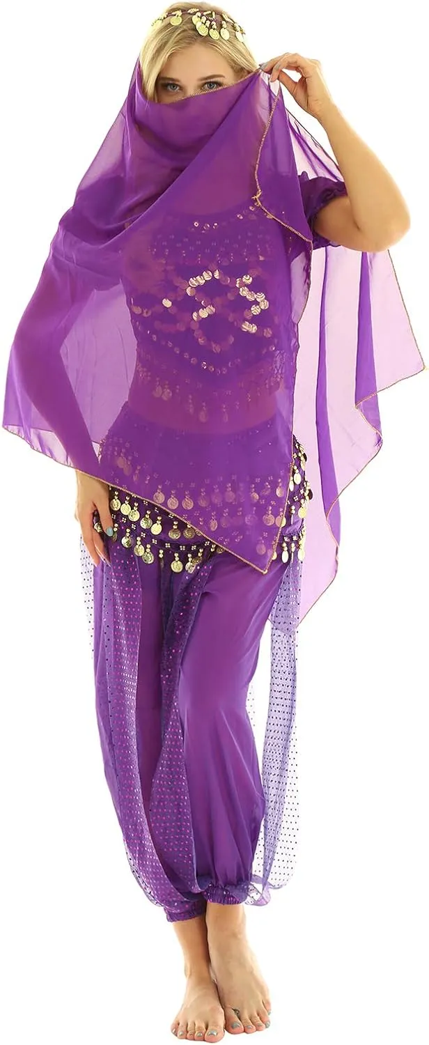 ACSUSS Womens Belly Dance Outfits Sequins Top with Harem Pants Set Hip Scarf Dance Costume