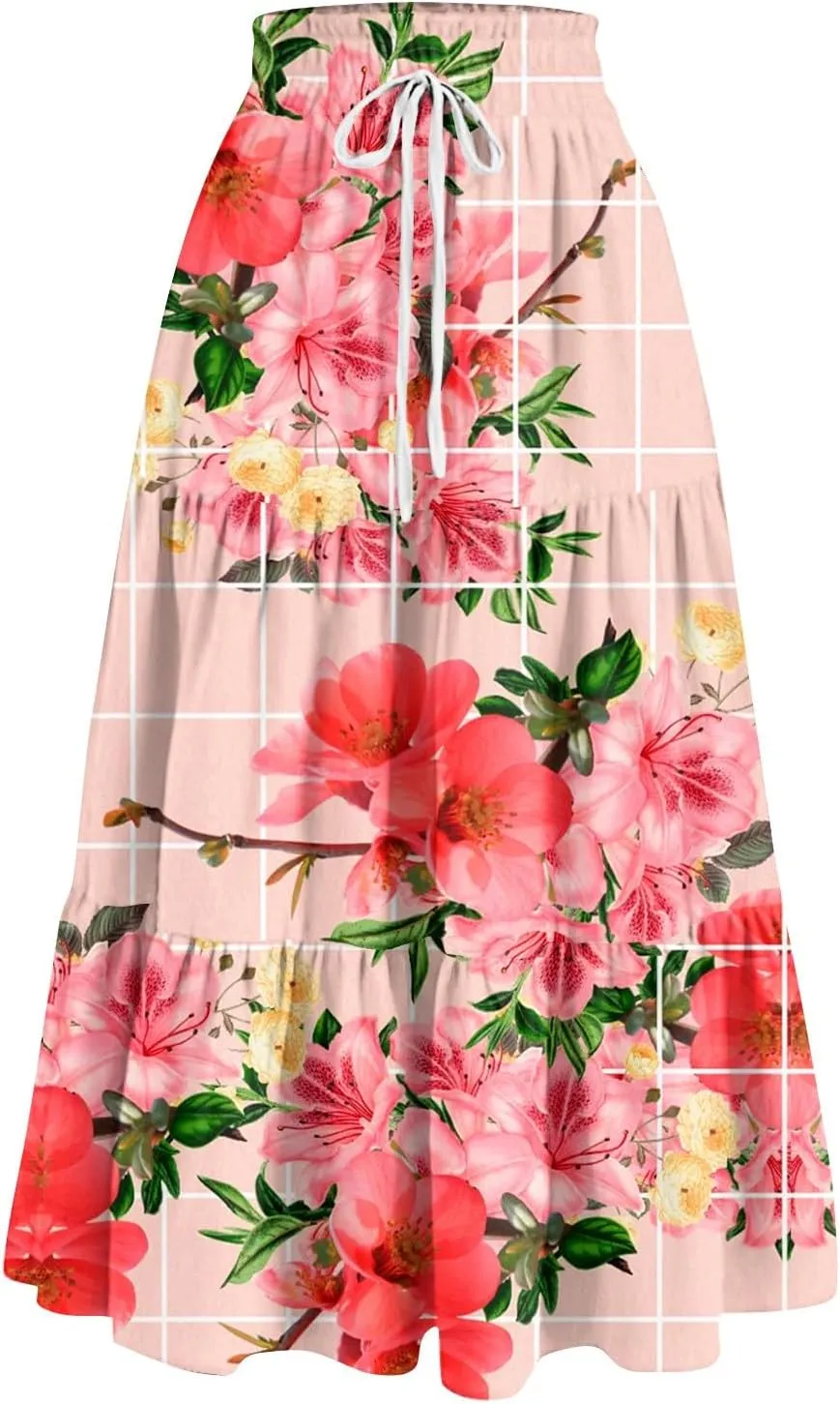 ADHOWBEW Boho Skirts for Women Flowy Trendy Beach Midi Length Plus Size Ruffle A Line Casual Cute High Waisted Spring Skirts