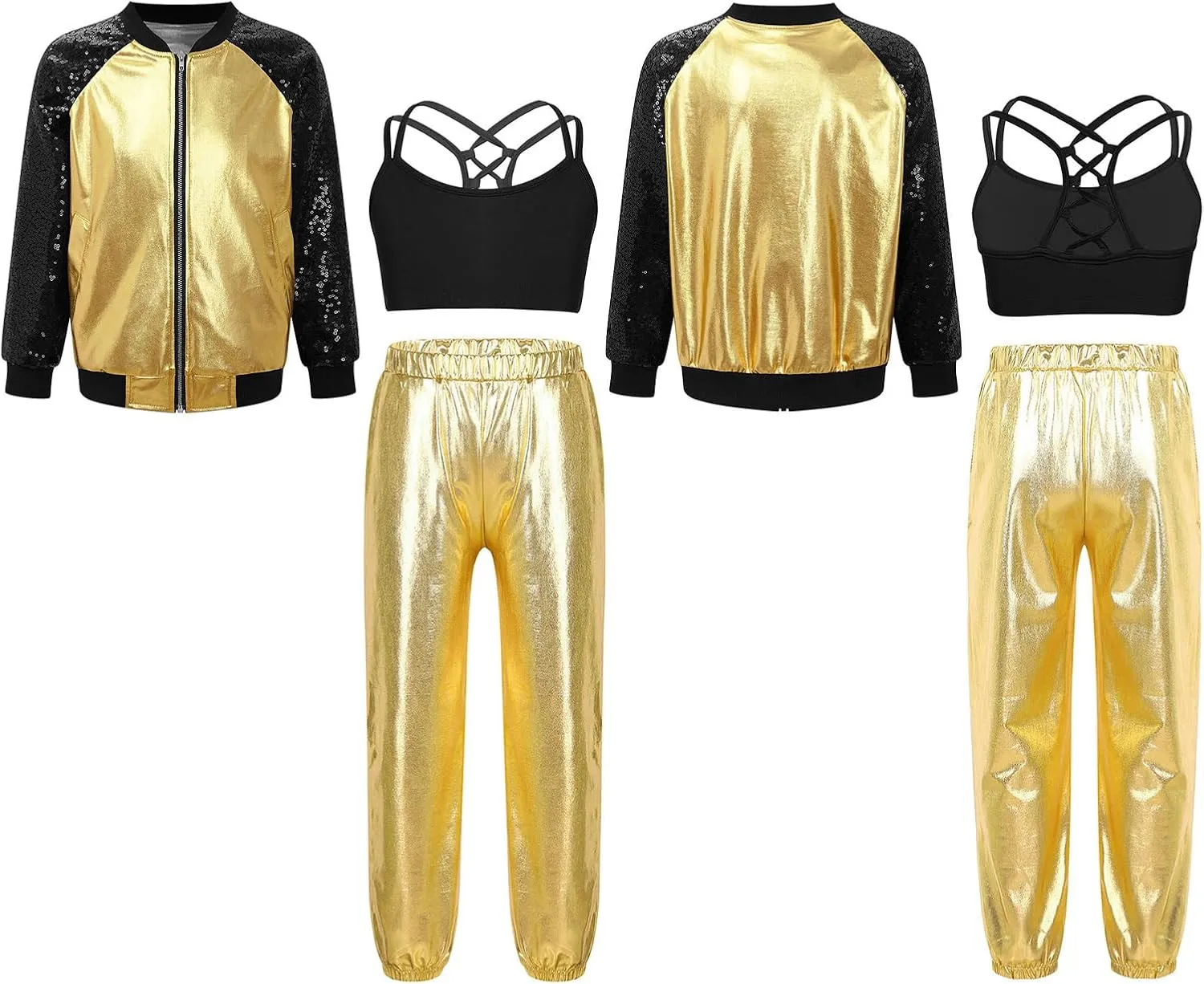Aislor Kids Girls Jazz Hip Hop Dance Outfits Shiny Long Sleeve Bomber Jacket Sweatshirt Crop Tops with Harem Pants Set