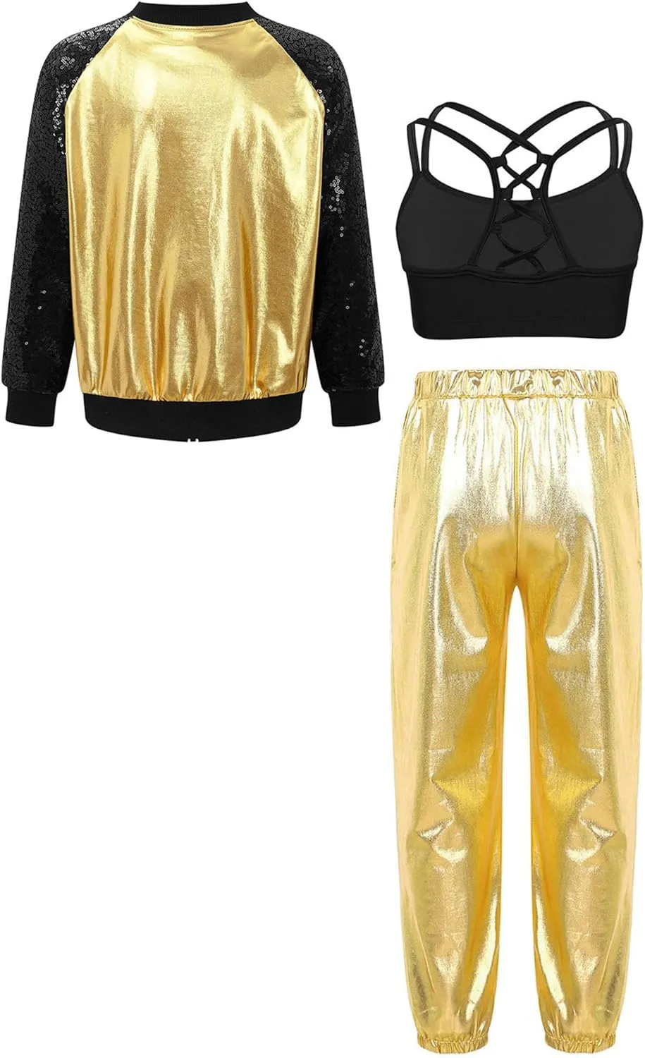 Aislor Kids Girls Jazz Hip Hop Dance Outfits Shiny Long Sleeve Bomber Jacket Sweatshirt Crop Tops with Harem Pants Set