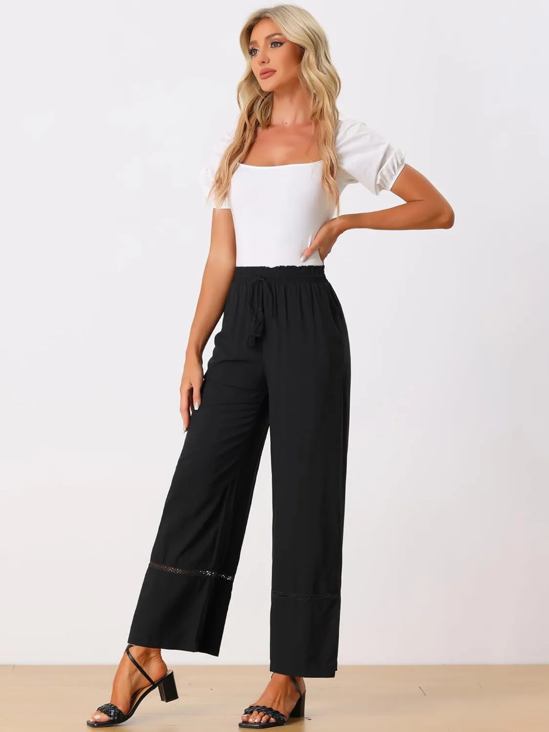 Allegra K Women's 2025 Summer Casual Pants Loose High Waist Drawstring Wide Leg Palazzo Trousers with Pockets