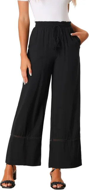Allegra K Women's 2025 Summer Casual Pants Loose High Waist Drawstring Wide Leg Palazzo Trousers with Pockets