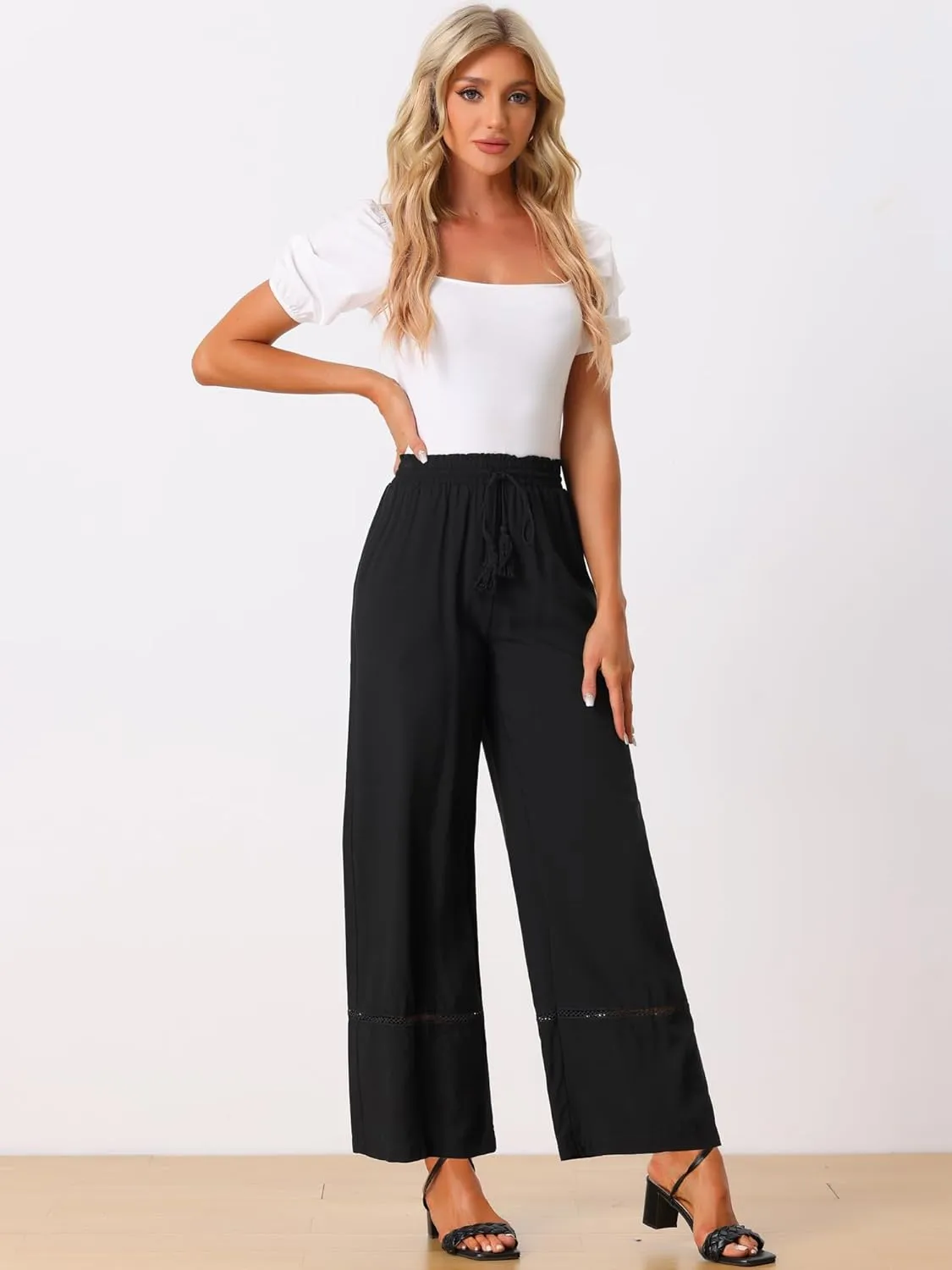 Allegra K Women's 2025 Summer Casual Pants Loose High Waist Drawstring Wide Leg Palazzo Trousers with Pockets