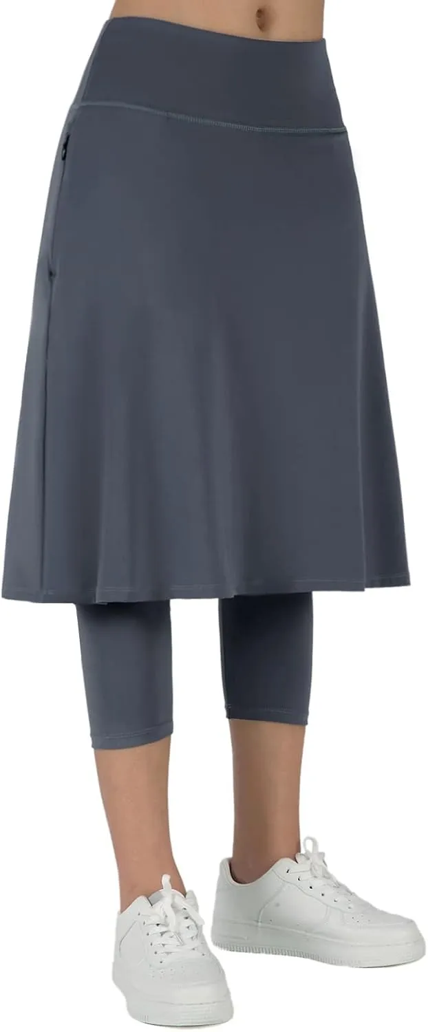 ANIVIVO Women Long Knee Length Skirt with Capris Leggings,Skirted Leggings with High Waisted Zipper Pockets