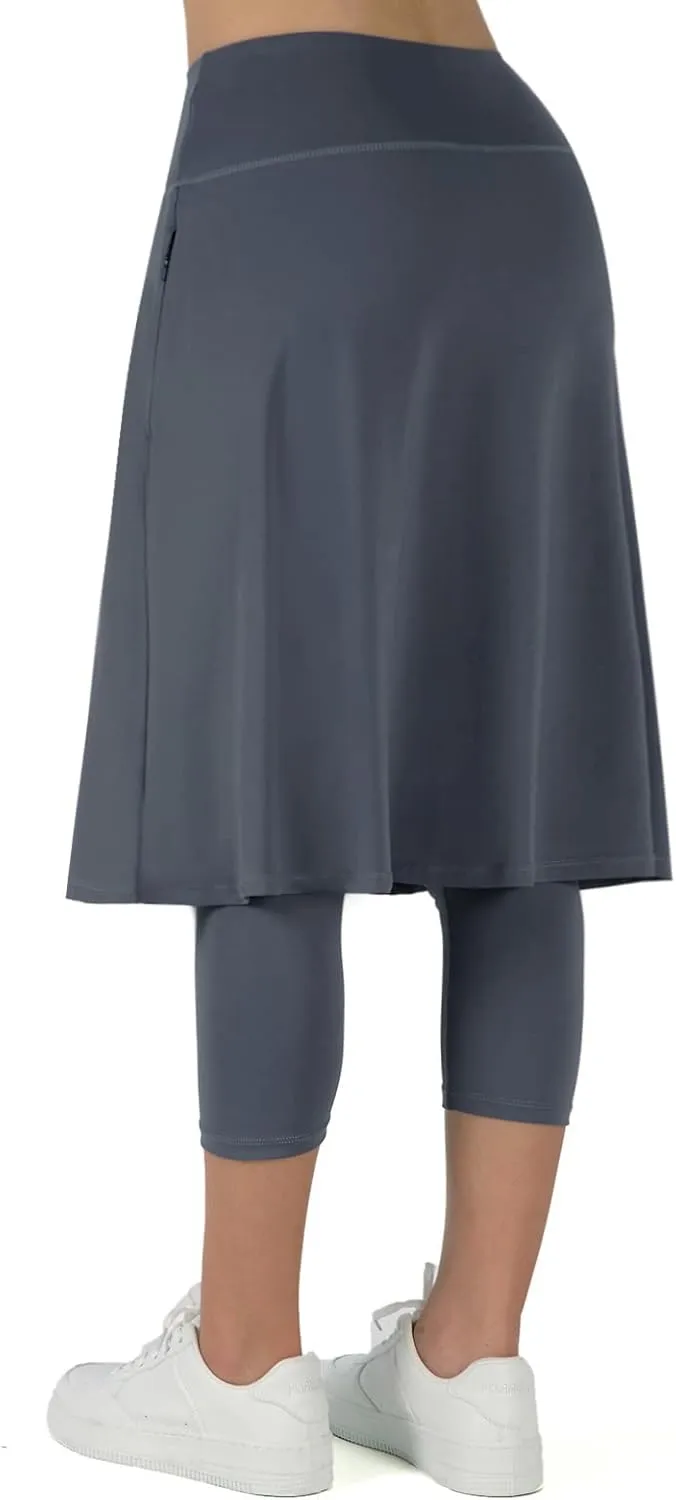 ANIVIVO Women Long Knee Length Skirt with Capris Leggings,Skirted Leggings with High Waisted Zipper Pockets