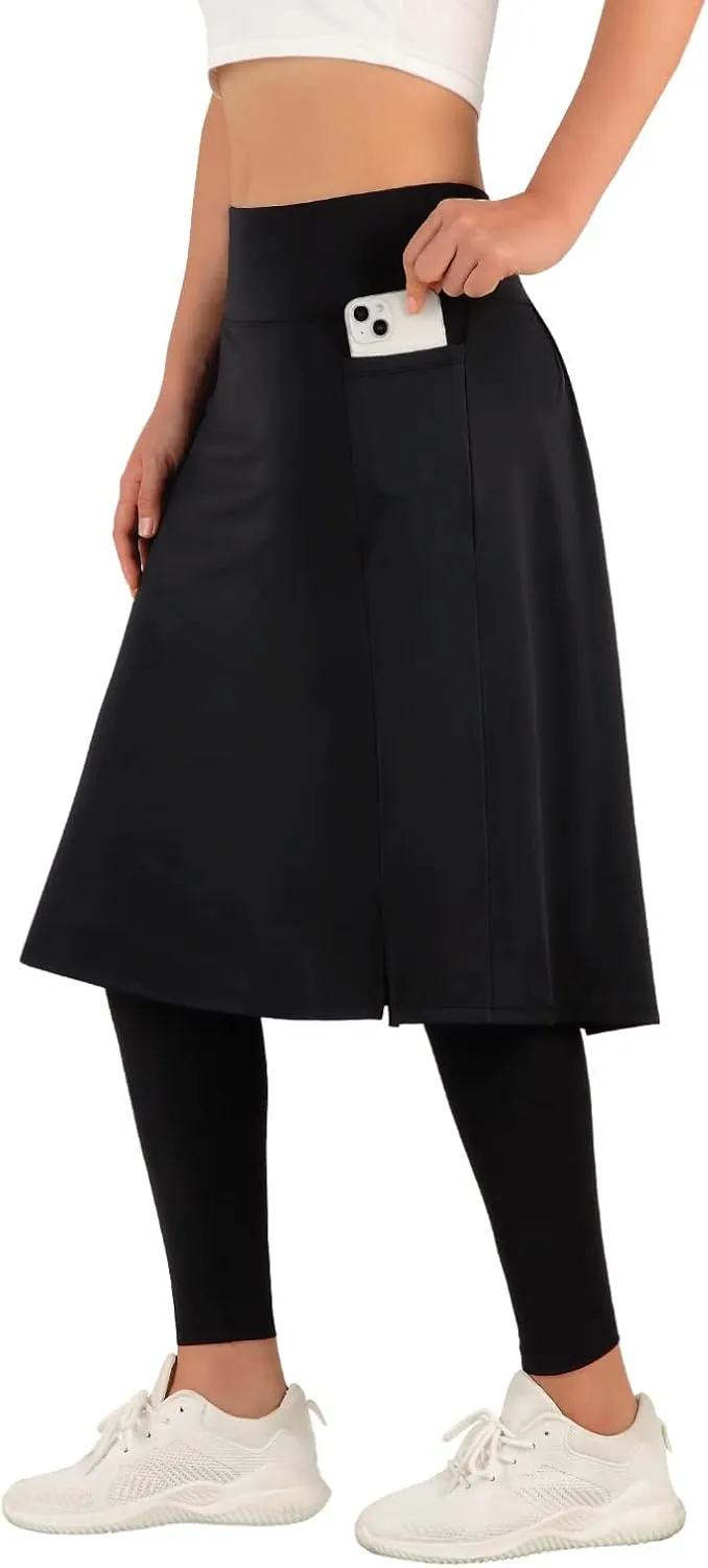 ANIVIVO Women Long Knee Length Skirt with Full Leggings,Skirted Leggings with High Waisted Pockets