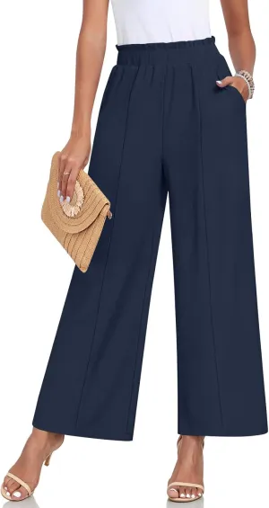 Anyally Womens Loose Wide Leg Pants Business Casual Elastic Waisted Palazzo Harem Pants with Pockets Work Trousers