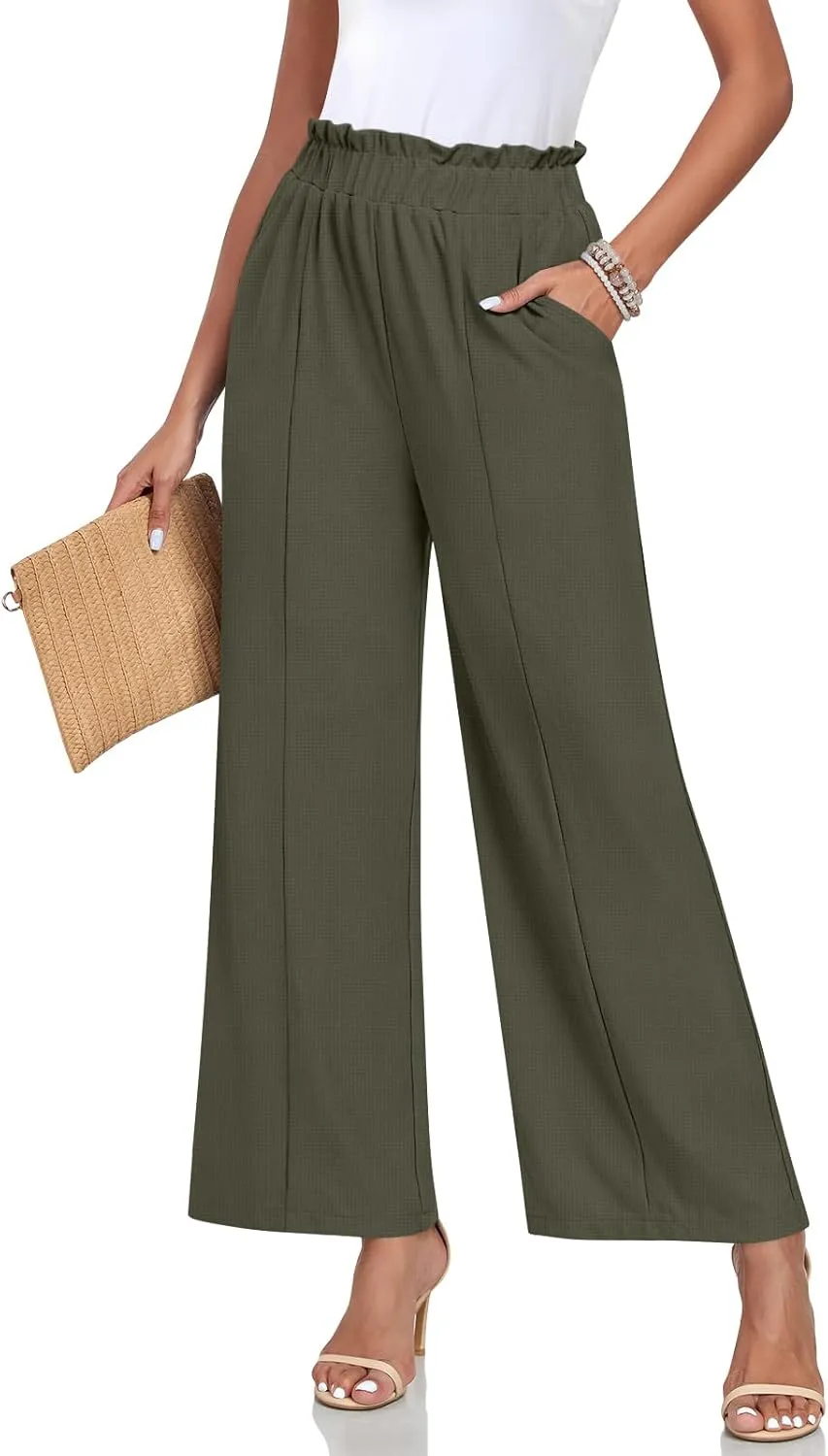 Anyally Womens Loose Wide Leg Pants Business Casual Elastic Waisted Palazzo Harem Pants with Pockets Work Trousers