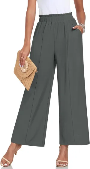 Anyally Womens Loose Wide Leg Pants Business Casual Elastic Waisted Palazzo Harem Pants with Pockets Work Trousers