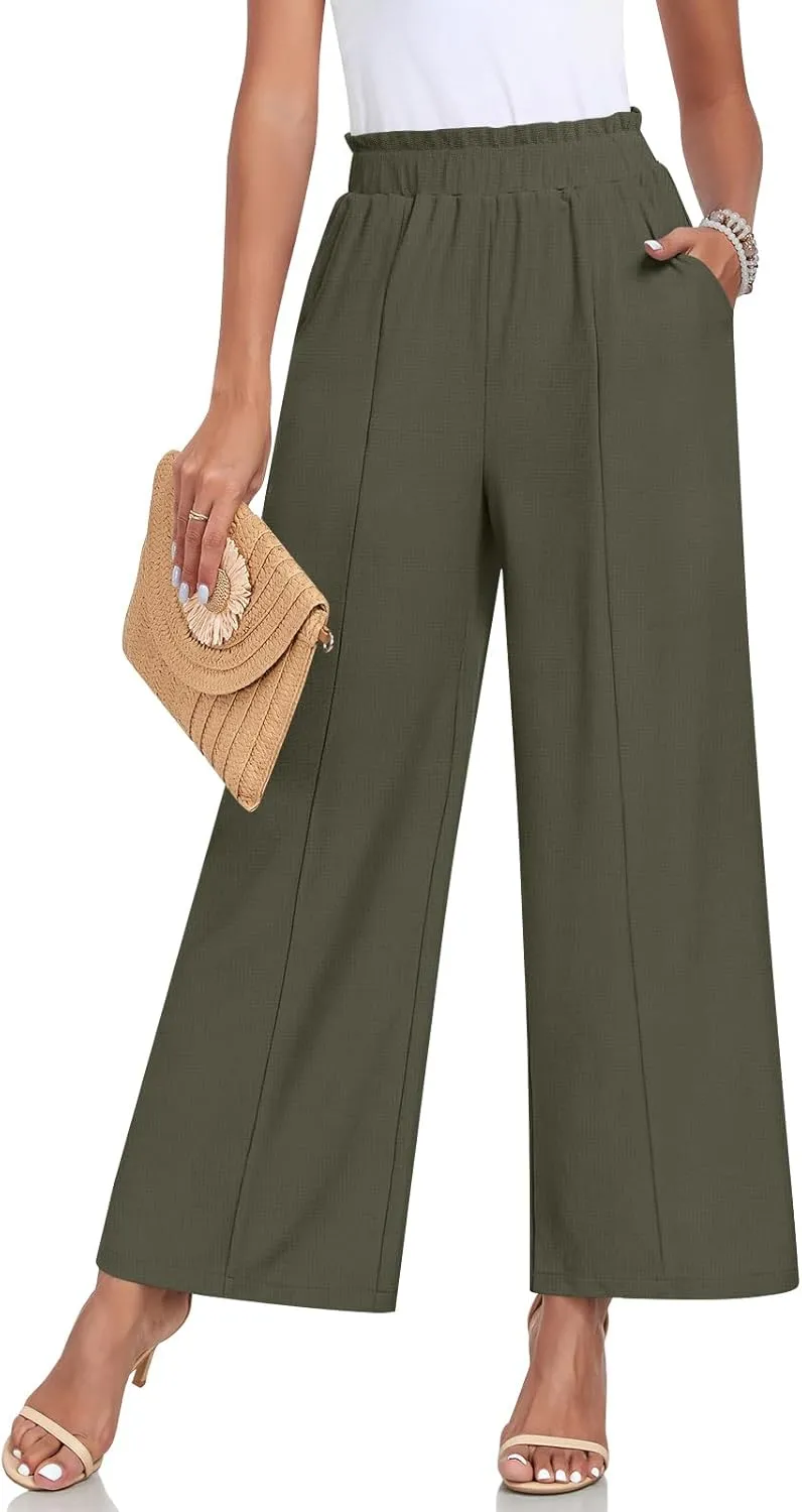 Anyally Womens Loose Wide Leg Pants Business Casual Elastic Waisted Palazzo Harem Pants with Pockets Work Trousers