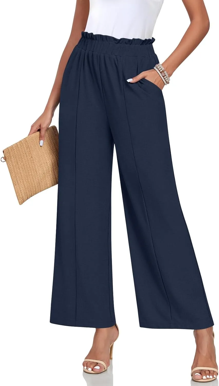 Anyally Womens Loose Wide Leg Pants Business Casual Elastic Waisted Palazzo Harem Pants with Pockets Work Trousers