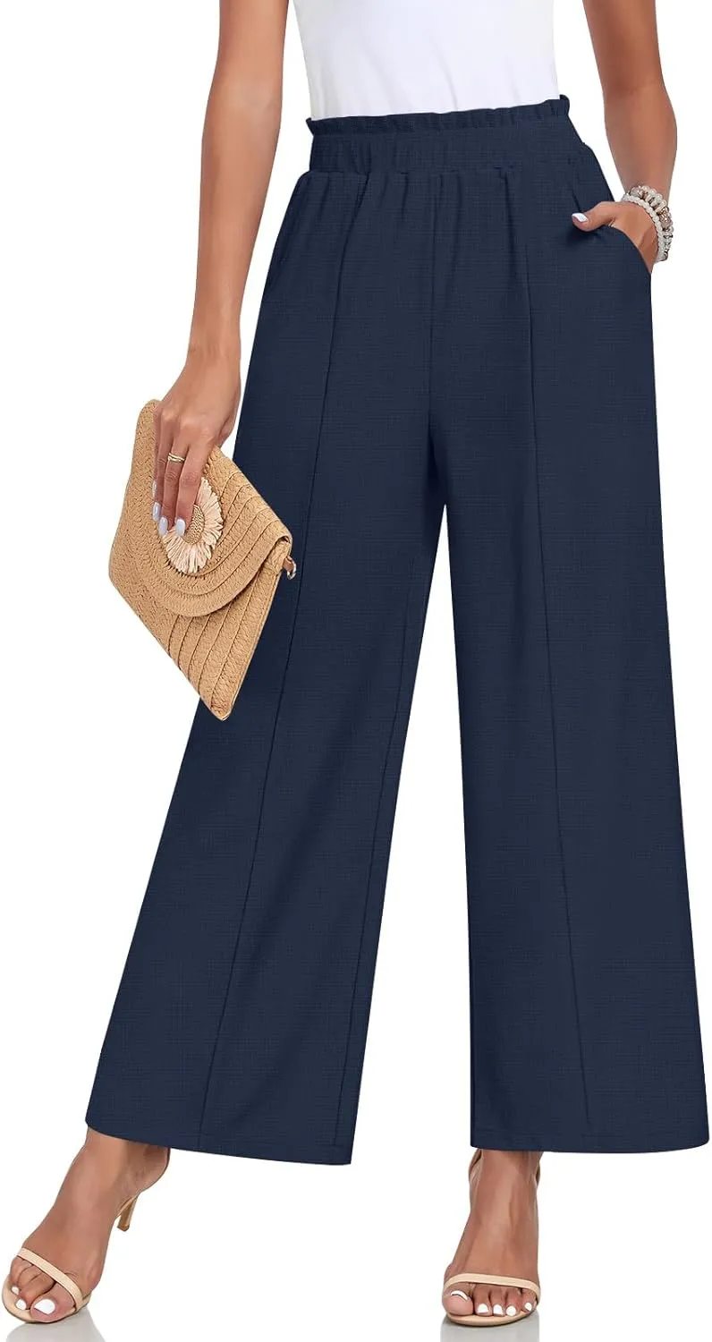Anyally Womens Loose Wide Leg Pants Business Casual Elastic Waisted Palazzo Harem Pants with Pockets Work Trousers