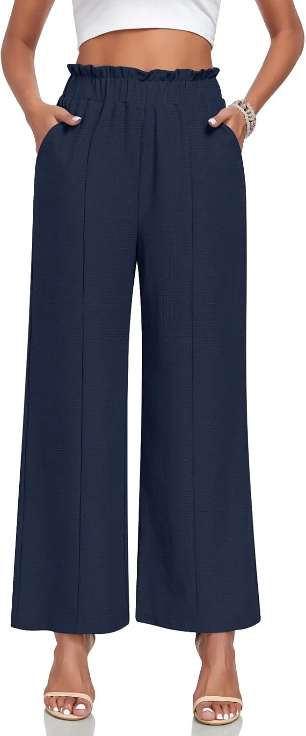 Anyally Womens Loose Wide Leg Pants Business Casual Elastic Waisted Palazzo Harem Pants with Pockets Work Trousers