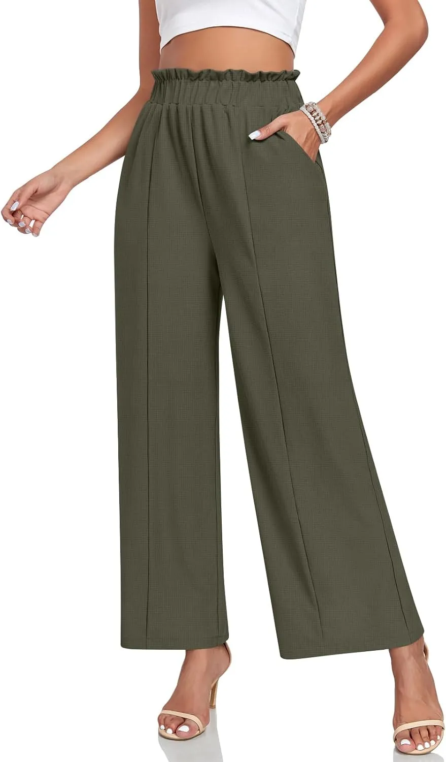 Anyally Womens Loose Wide Leg Pants Business Casual Elastic Waisted Palazzo Harem Pants with Pockets Work Trousers