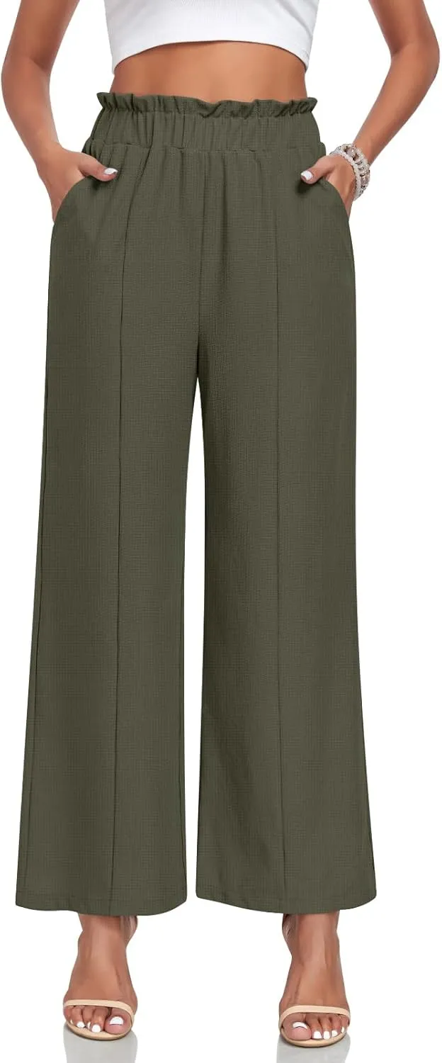 Anyally Womens Loose Wide Leg Pants Business Casual Elastic Waisted Palazzo Harem Pants with Pockets Work Trousers