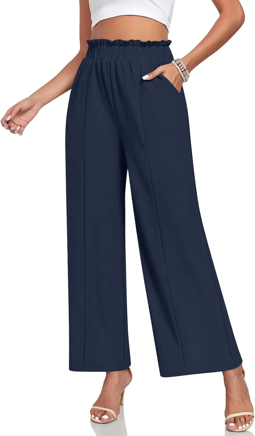 Anyally Womens Loose Wide Leg Pants Business Casual Elastic Waisted Palazzo Harem Pants with Pockets Work Trousers