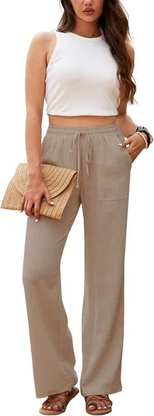 Beautiful Nomad Women's Linen Pants High Waisted Straight Pant Casual Flowy Wide Leg Drawstring Trousers with Pockets