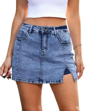 Bloomy Jean Skorts,Denim Skort for Women,Woman High Waisted Casual Stretchy Denim Skirt Side Split Mini Skirts