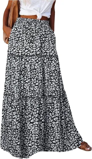 Boho Maxi Skirts for Women 2025 Ruffle Tiered Pleated Long Flowy Skirts Elastic High Waisted Swing Summer Beach Skirt