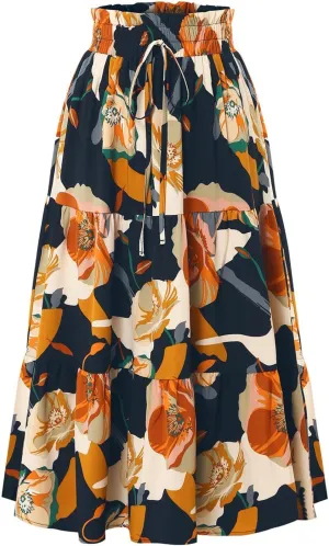 Boho Midi Skirts for Women High Waisted Drawstring A Line Flowy Floral Tiered Skirt Summer Beach Swing Skater Skirt