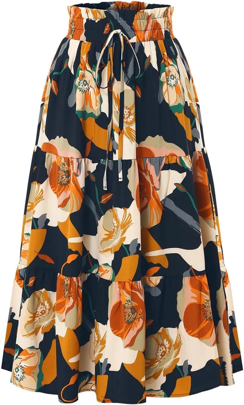Boho Midi Skirts for Women High Waisted Drawstring A Line Flowy Floral Tiered Skirt Summer Beach Swing Skater Skirt
