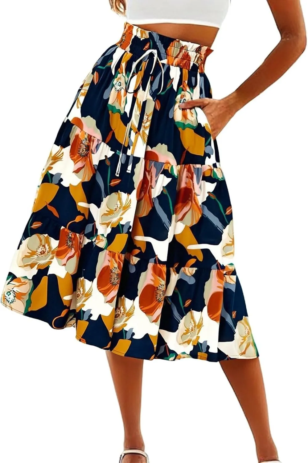 Boho Midi Skirts for Women High Waisted Drawstring A Line Flowy Floral Tiered Skirt Summer Beach Swing Skater Skirt
