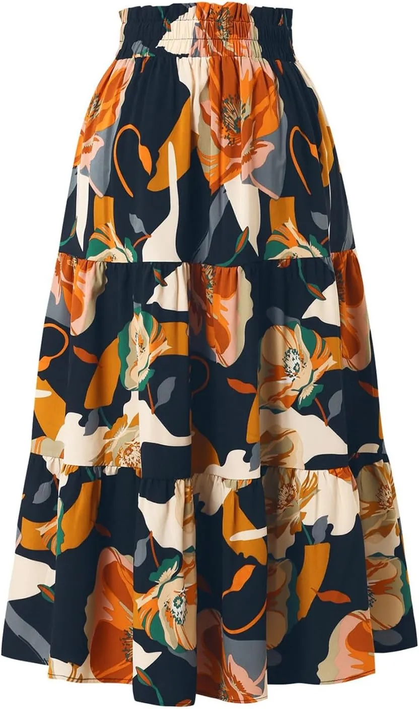 Boho Midi Skirts for Women High Waisted Drawstring A Line Flowy Floral Tiered Skirt Summer Beach Swing Skater Skirt