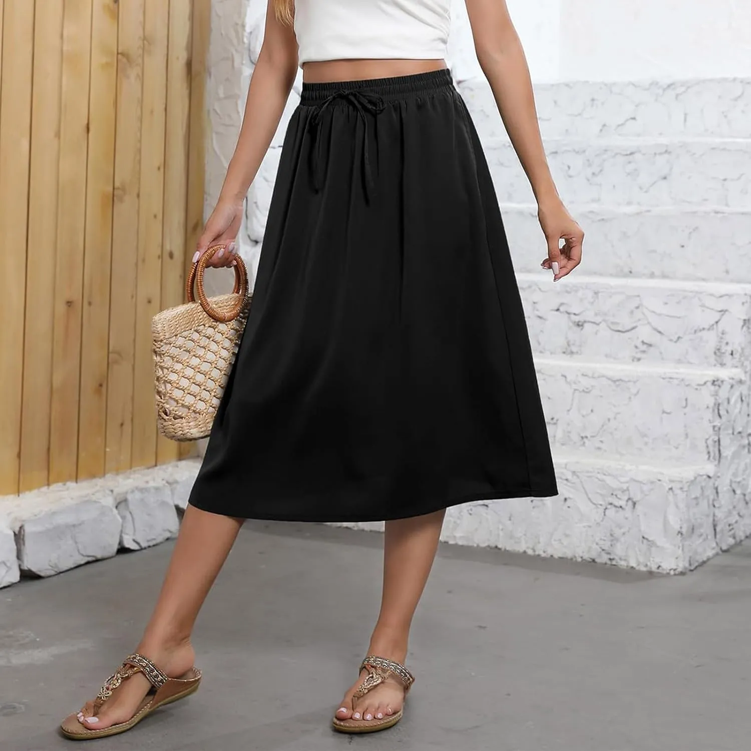 Boho Skirts for Women Trendy Summer Flowy Floral Midi Skirts with Pockets Lightweight Drawstring High Waisted Skirts