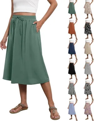 Boho Skirts for Women Trendy Summer Flowy Floral Midi Skirts with Pockets Lightweight Drawstring High Waisted Skirts
