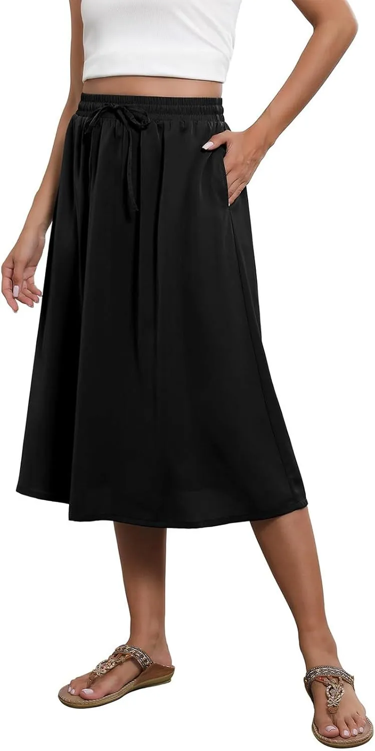 Boho Skirts for Women Trendy Summer Flowy Floral Midi Skirts with Pockets Lightweight Drawstring High Waisted Skirts