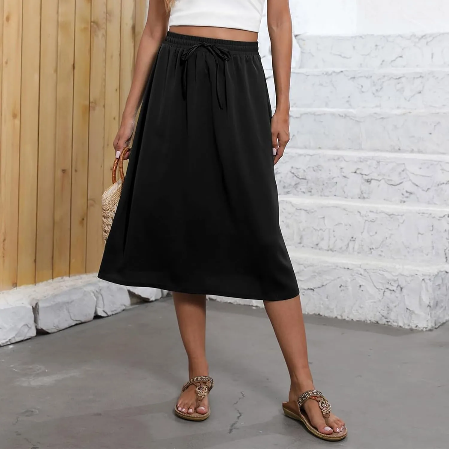 Boho Skirts for Women Trendy Summer Flowy Floral Midi Skirts with Pockets Lightweight Drawstring High Waisted Skirts