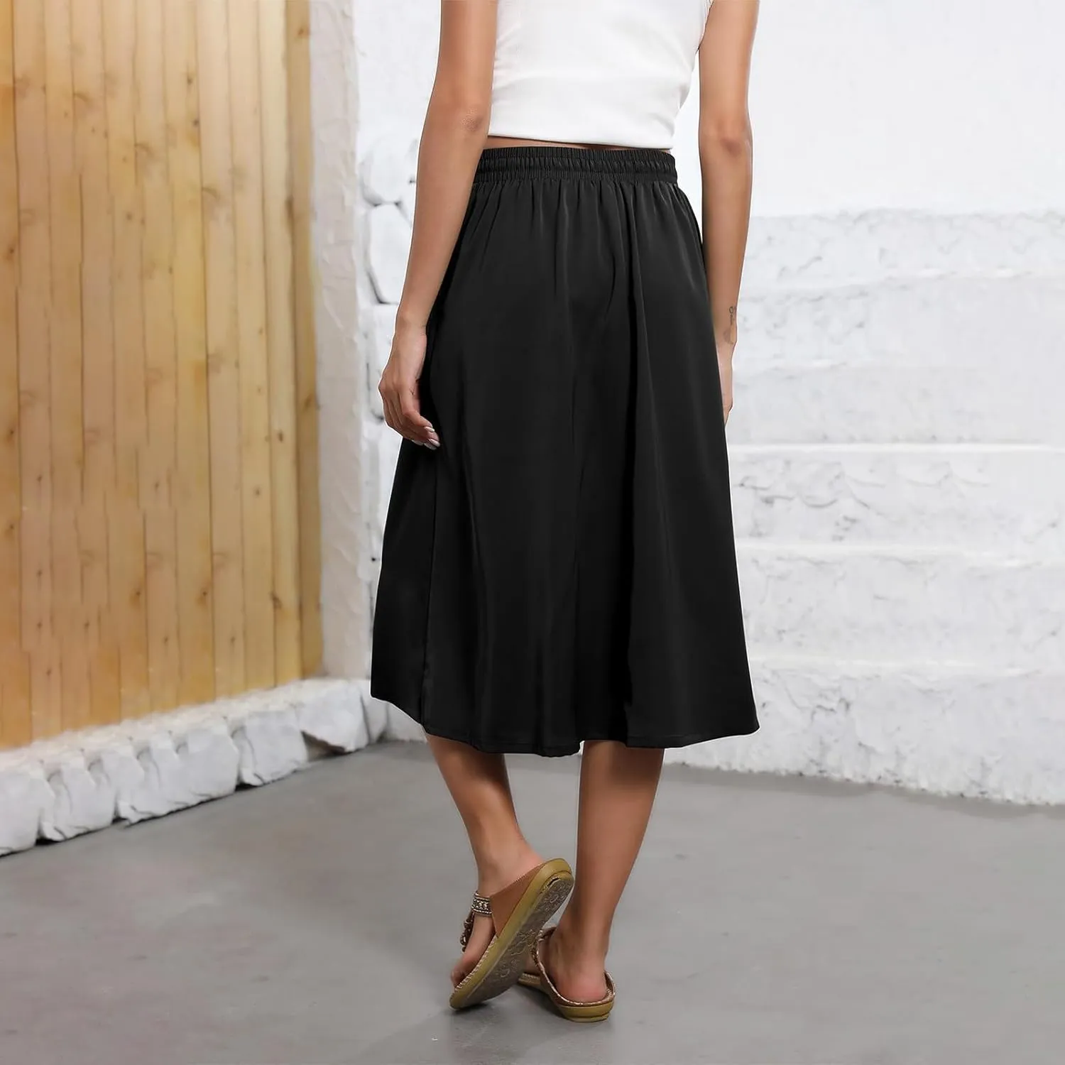 Boho Skirts for Women Trendy Summer Flowy Floral Midi Skirts with Pockets Lightweight Drawstring High Waisted Skirts