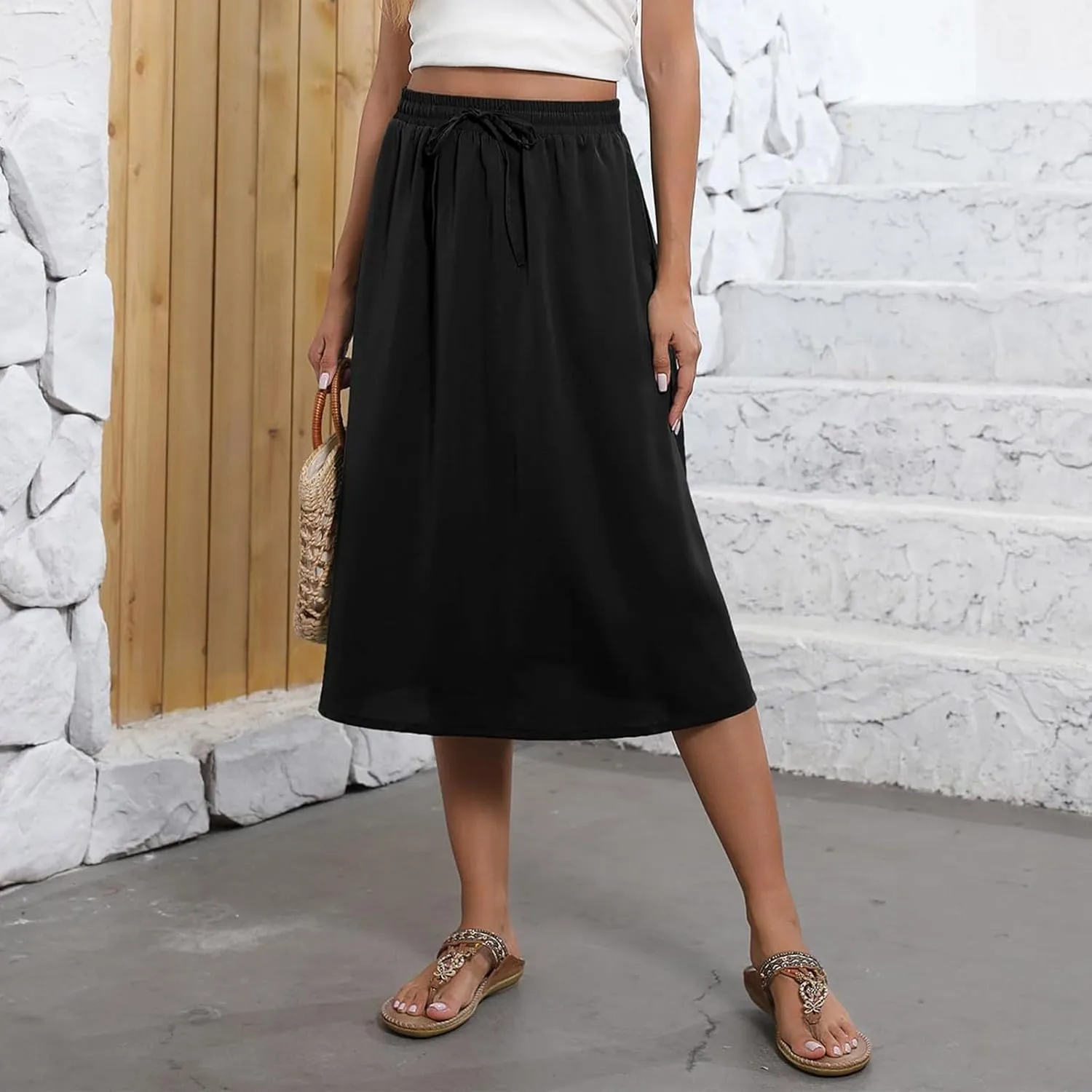 Boho Skirts for Women Trendy Summer Flowy Floral Midi Skirts with Pockets Lightweight Drawstring High Waisted Skirts