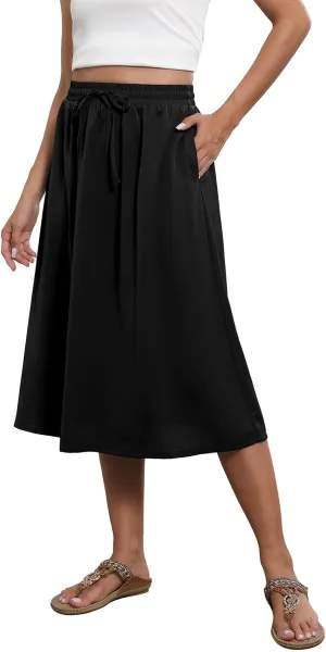 Boho Skirts for Women Trendy Summer Flowy Floral Midi Skirts with Pockets Lightweight Drawstring High Waisted Skirts