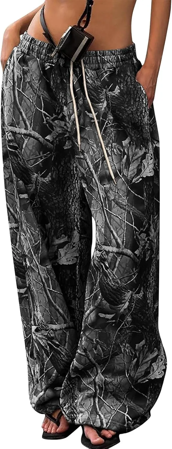 Camo Pants for Women High Waist Baggy Wide Leg Camouflage Jean Trousers Pockets Cargo Y2k Pocket Joggers Sweatpants