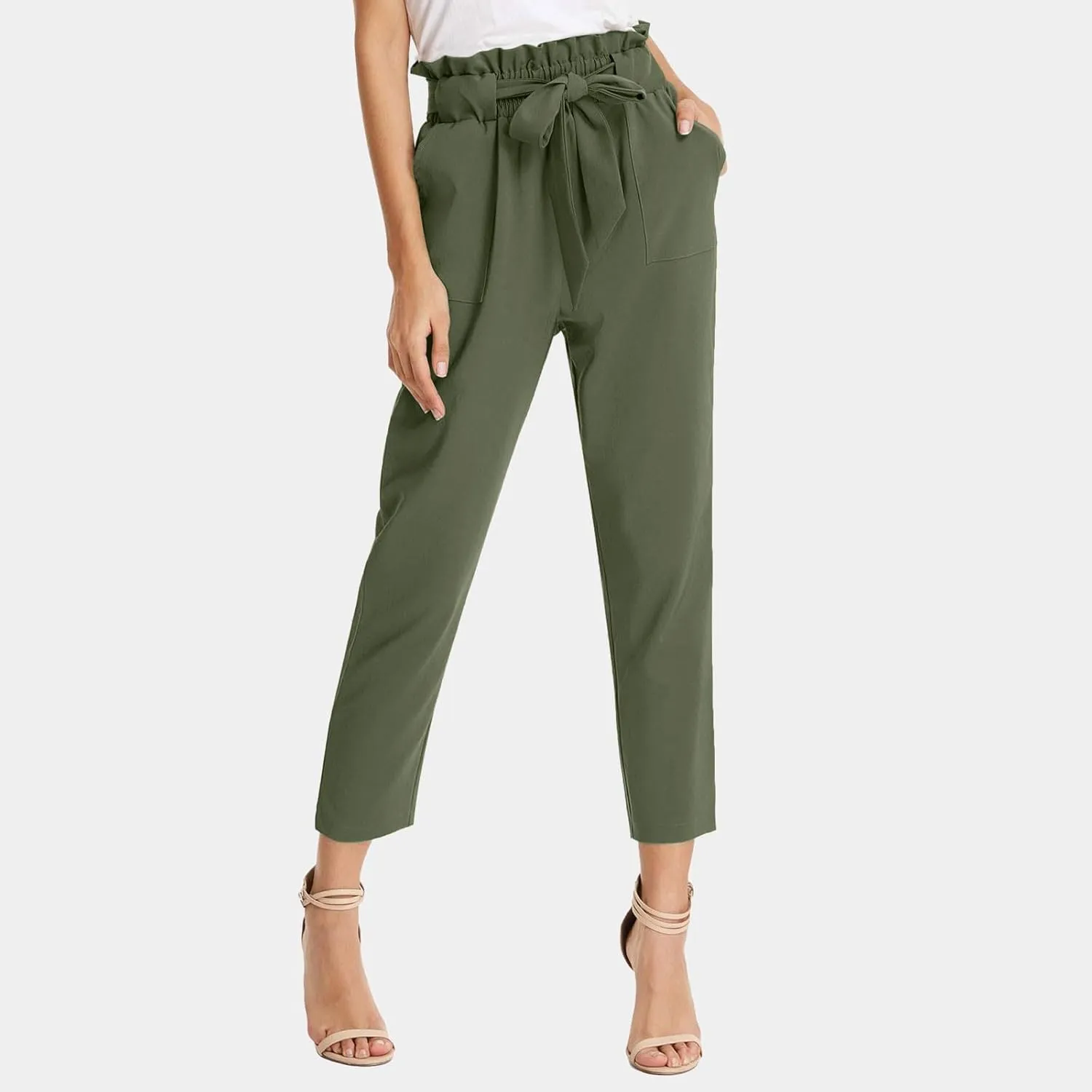 Capri Dress Pants Women High Waist Casual Paperbag Pants Business Office Work Trousers with Pockets Fashion