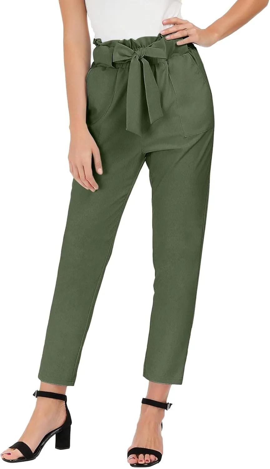 Capri Dress Pants Women High Waist Casual Paperbag Pants Business Office Work Trousers with Pockets Fashion