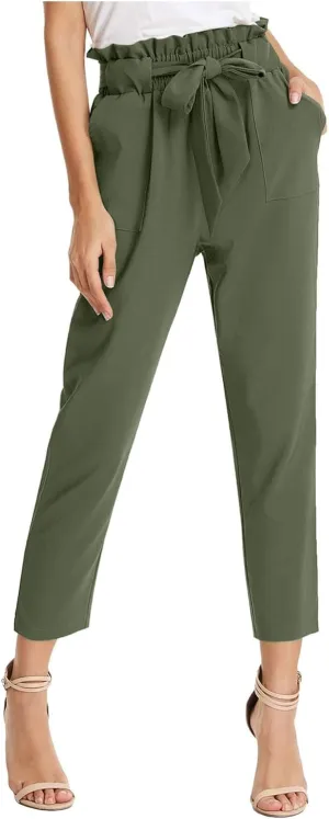 Capri Dress Pants Women High Waist Casual Paperbag Pants Business Office Work Trousers with Pockets Fashion