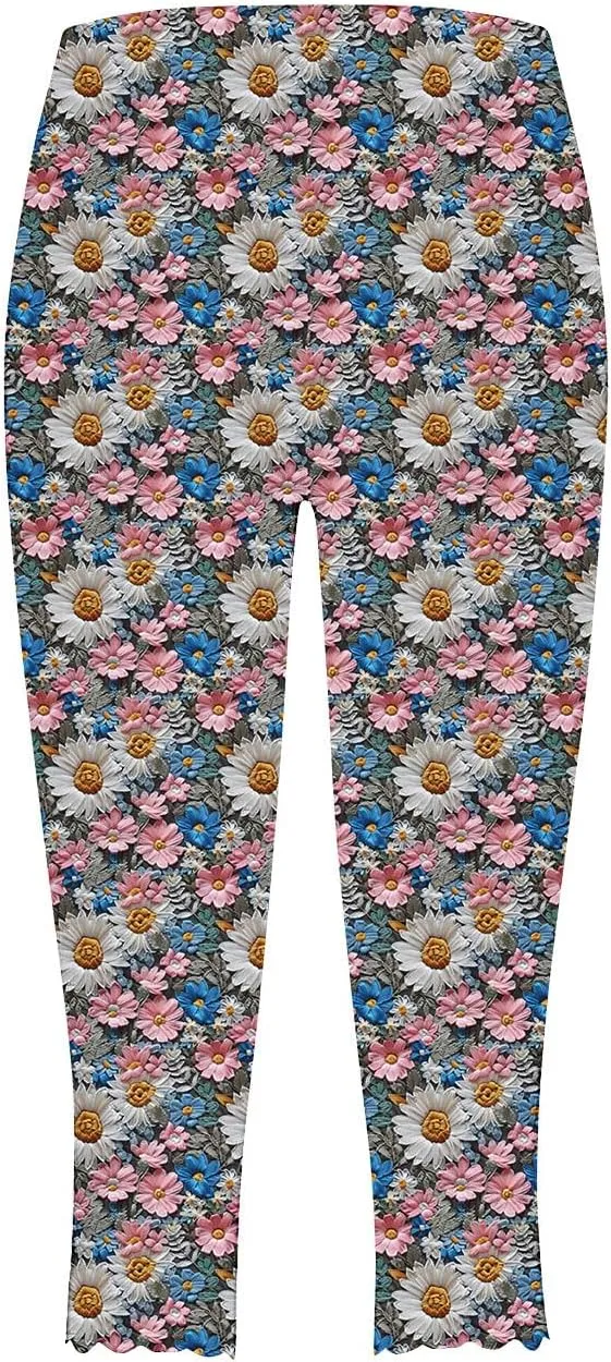 Capri Leggings for Women Plus Size Floral Print High Waist Capris Pants Wave Hem Yoga Gym Pants Casual Cropped Trouser