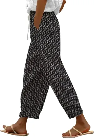 Capri Pants for Women 2025 Elastic Waist Linen with Pockets Cropped Wide-Leg Trousers Casual Beach Summer
