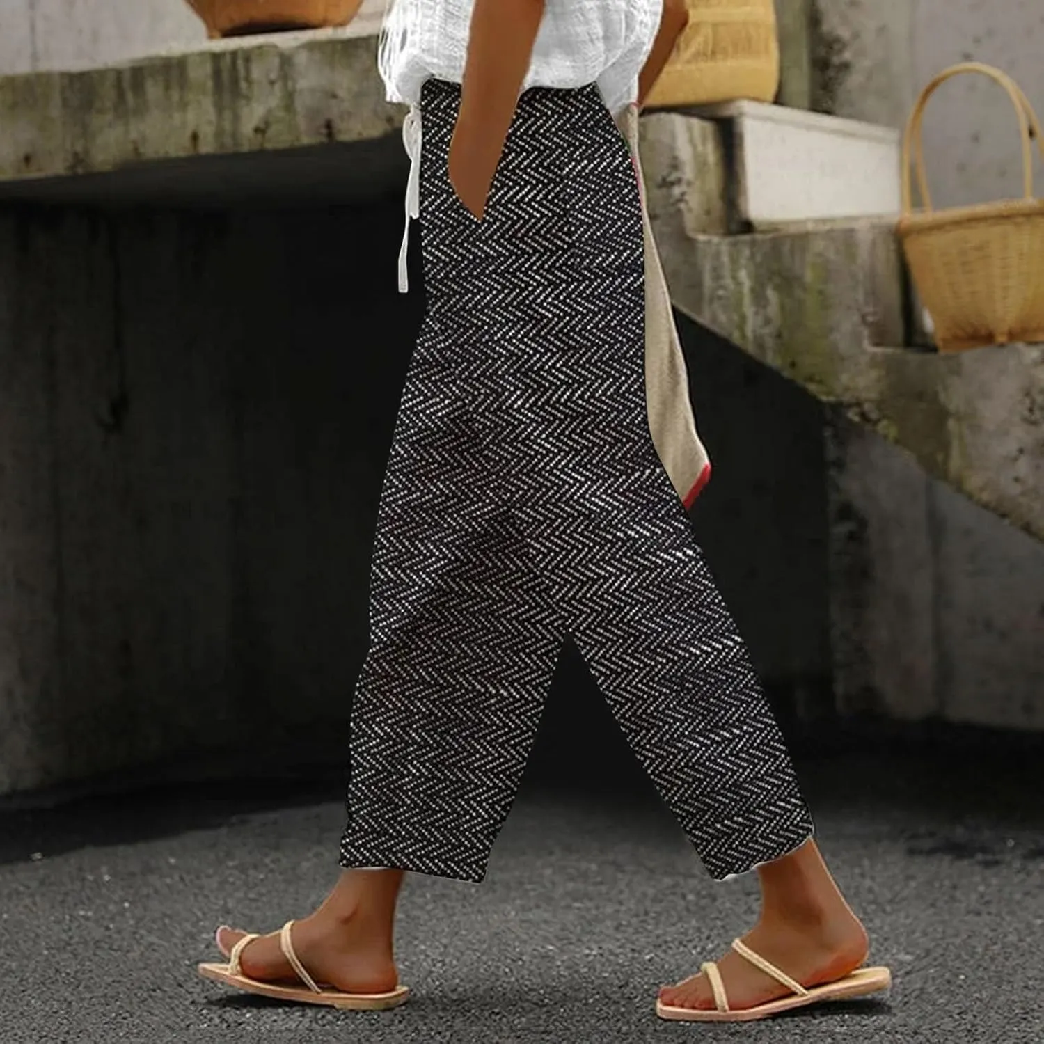 Capri Pants for Women 2025 Elastic Waist Linen with Pockets Cropped Wide-Leg Trousers Casual Beach Summer
