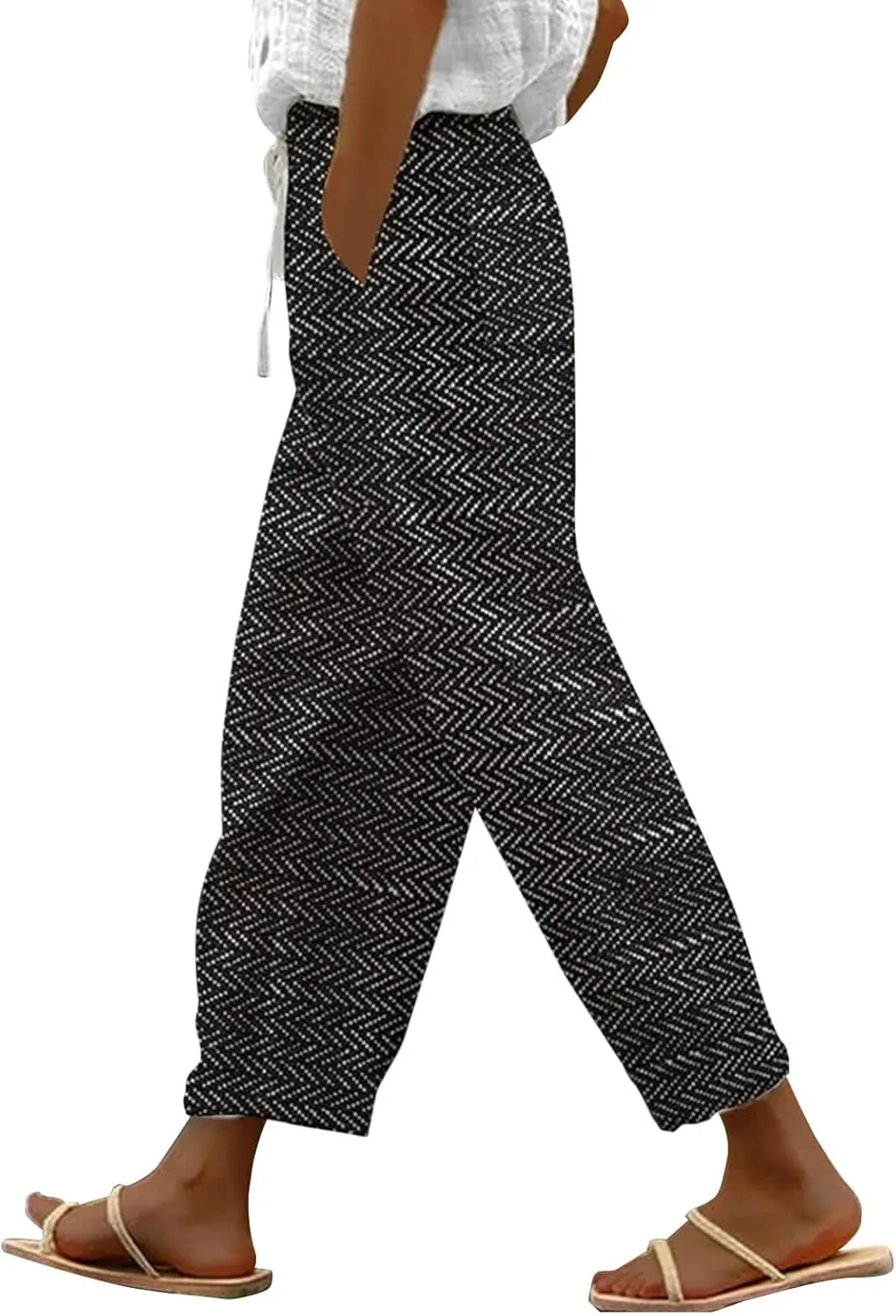 Capri Pants for Women 2025 Elastic Waist Linen with Pockets Cropped Wide-Leg Trousers Casual Beach Summer